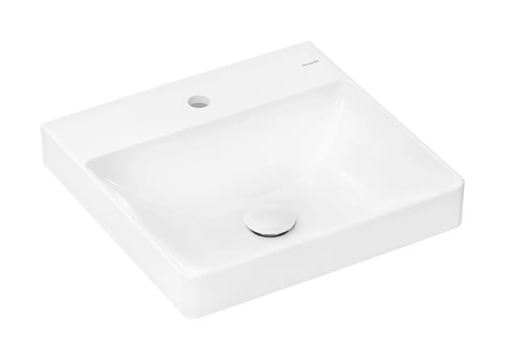Weißes Handwaschbecken von Hansgrohe mit einer glatten Oberfläche, einem Hahnloch und ohne Überlauf. Das Design ist funktional und schlicht.